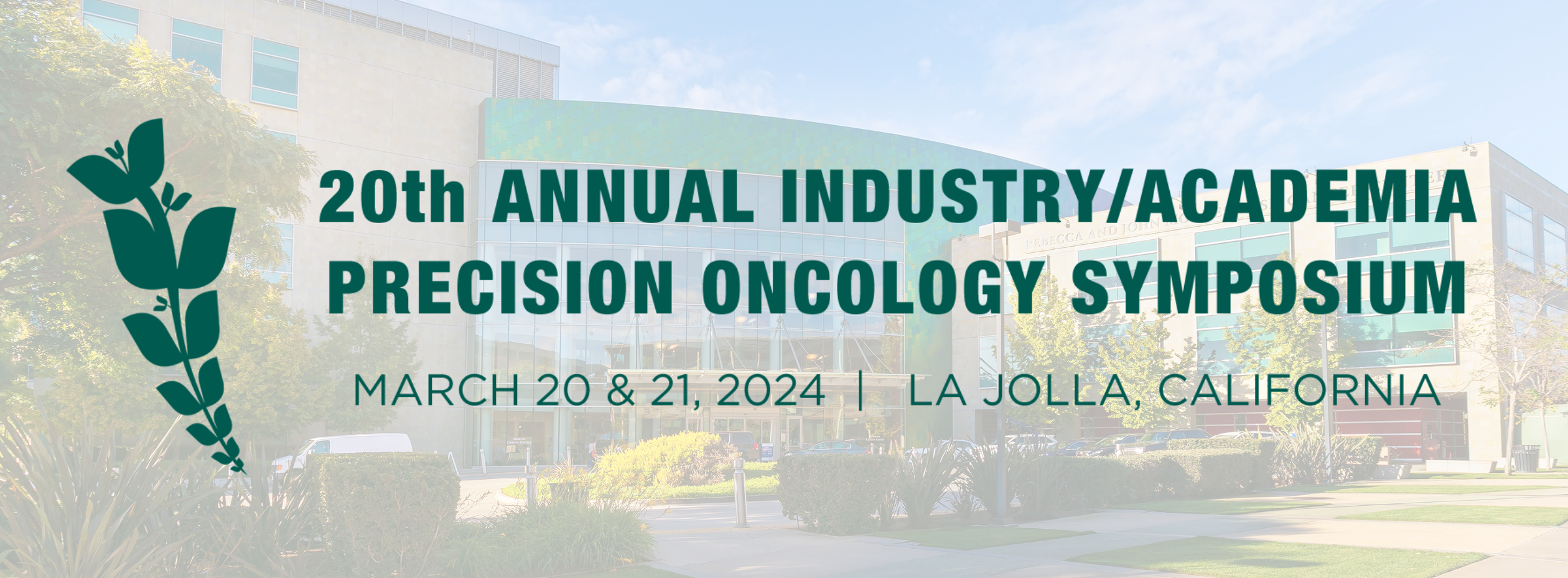 Moores Cancer Center with overlay of "20th Annual Industry/Academia Symposium"