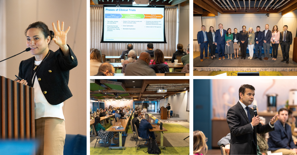 collage of kidney cancer patient summit, featuring speakers, group photo, and what the summit looked like