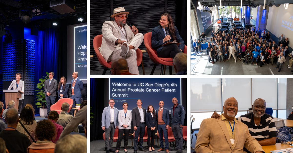 collage of images from the prostate cancer patient summit, featuring the organizers of the event, a group photo, two men smiling, and the keynote speaker